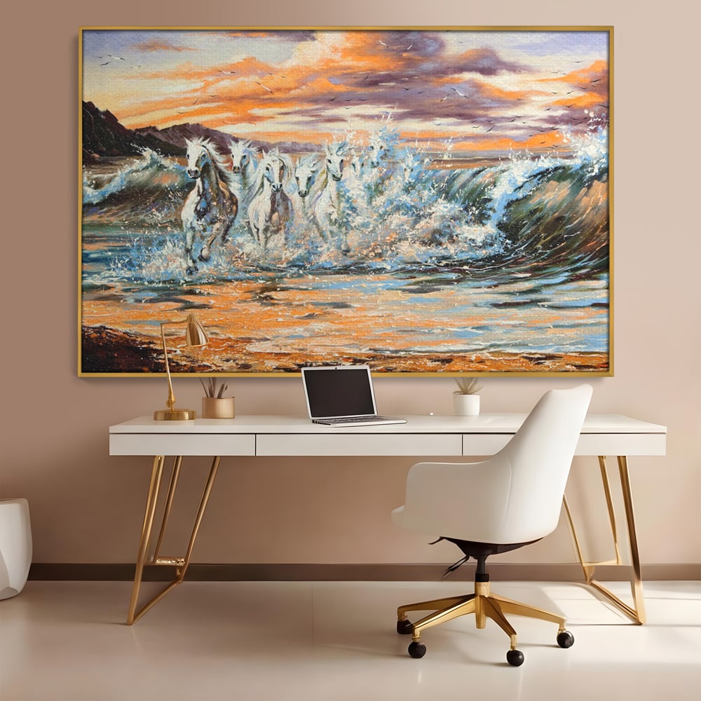 Tablou canvas cu tablou canvas cu cai galopand in valuri, in rama de aluminiu auriu, pe perete intr-un birou